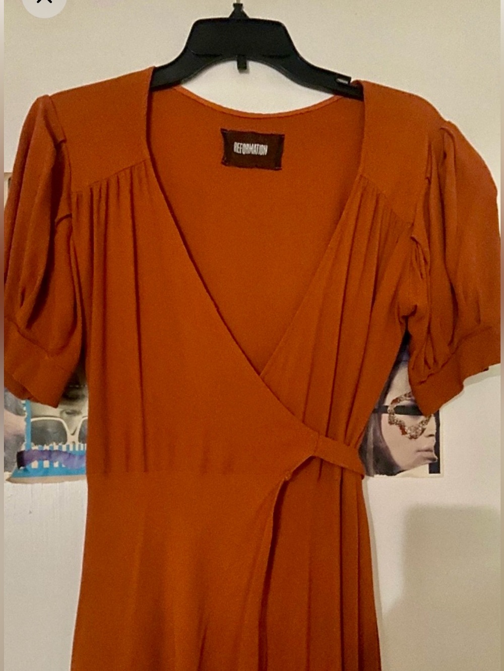 Long True Wrap Reformation Dress Gown puff princess sleeves brown L & M